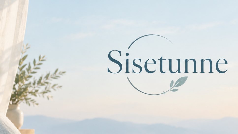 Sisetunne logo against a soft sky with an olive branch